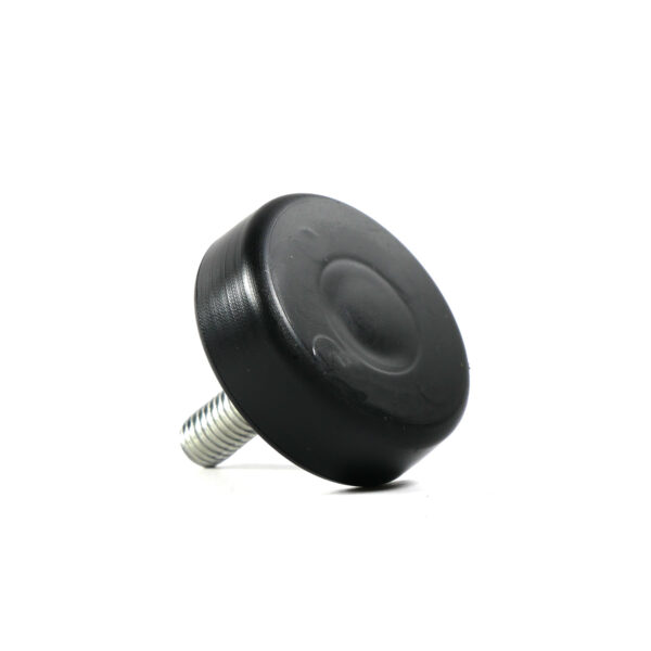 Close-up of the Threaded Foot 45mm M10, featuring a round black rubber surface and a metal threaded stem. The slightly tilted foot reveals its smooth finish and textured screw.
