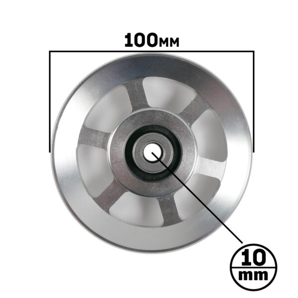 The 100mm Aluminium Pulley is a metal disc with a 10mm central hole and six spokes. It features bold black font on a white background for dimension labels.