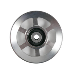 A close-up of the 100mm Aluminium Pulley reveals its round, polished metal design with a central black bearing and six evenly spaced openings against a plain white background.