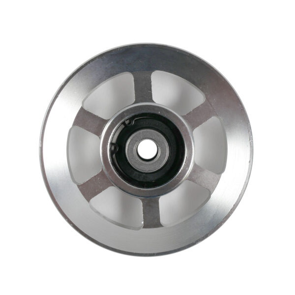 A close-up of the 100mm Aluminium Pulley reveals its round, polished metal design with a central black bearing and six evenly spaced openings against a plain white background.