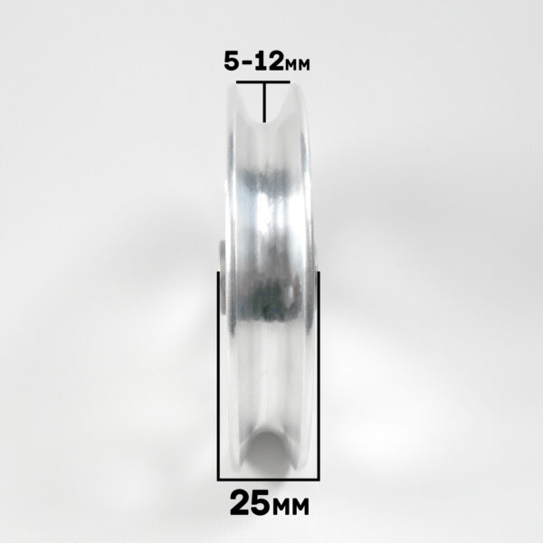 Image of the 100mm Aluminium Pulley from a side view, highlighting its 25mm width and groove range of 5-12mm.