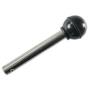 The Powertec Ball Head Lock Pin 90mm features a silver cylindrical rod with a polished finish and a black, textured, plastic knob resembling a lever handle.