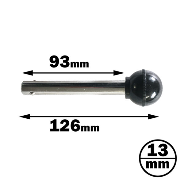 The Powertec Ball Head Lock Pin features a metallic rod, 90mm in length with a 60mm tube and a black round knob. The diameter is 13mm.