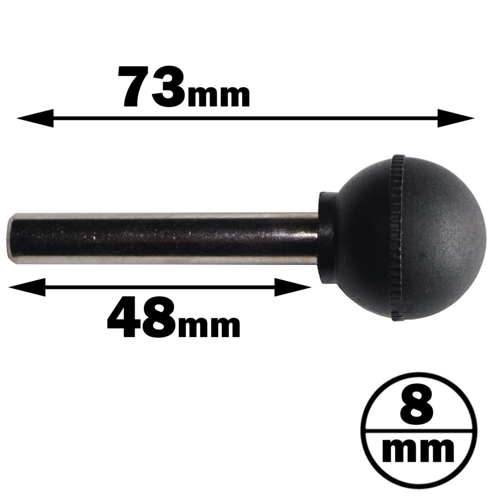 An image of the Powertec Small Ball Head Lock Pin, featuring a 73mm metal lever with a black spherical handle, a 48mm shaft, and an 8mm diameter. Measurement annotations are displayed alongside.