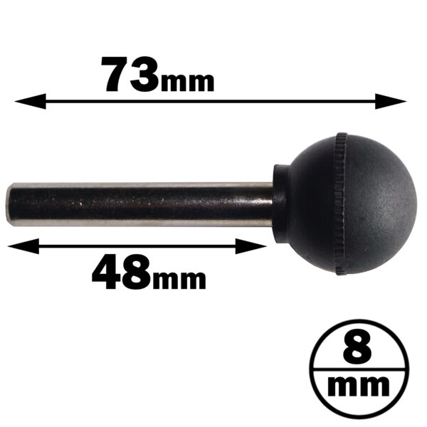 An image of the Powertec Small Ball Head Lock Pin, featuring a 73mm metal lever with a black spherical handle, a 48mm shaft, and an 8mm diameter. Measurement annotations are displayed alongside.