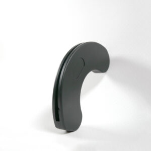 A black, curved object identified as a Dumbbell Handle Seat stands upright on a white surface against a plain white background in a minimalist, abstract shape.