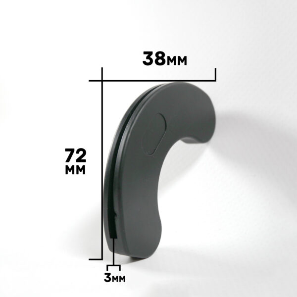 A black Dumbbell Handle Seat, curved and resembling a hook or handle, measures 72mm in height, 38mm in width, and 3mm in thickness, set against a white background.
