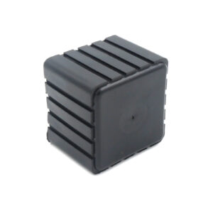 A black, rectangular Rubber Foot 40mmx40mm made of plastic, featuring ridged sides and a smooth surface, viewed from an angle.