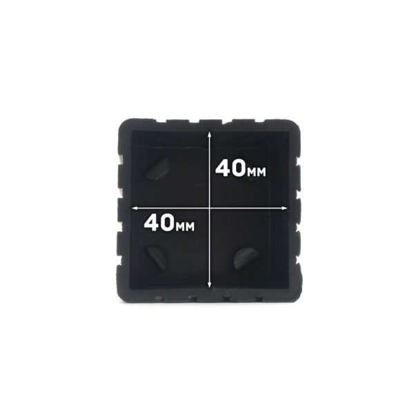 The Rubber Foot 40mmx40mm is a black, square object with dimensions of 40 mm by 40 mm. It has a grooved outer edge and a plain inner surface.