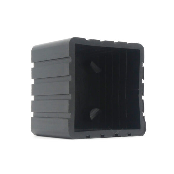 A black rubber foot measuring 40mmx40mm with a ribbed exterior and open end is displayed against a plain white background.