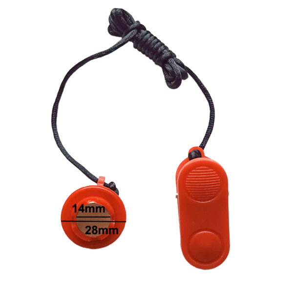 Product Description: A Treadmill Safety Key 5085, a red handheld device attached to a black cord with a circular attachment displaying measurements of 14mm and 28mm.