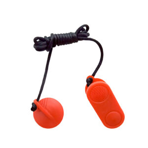 The Treadmill Safety Key 5085 is a red plastic device featuring a black coiled wrist strap connected to a red button, with a ribbed surface for enhanced grip.