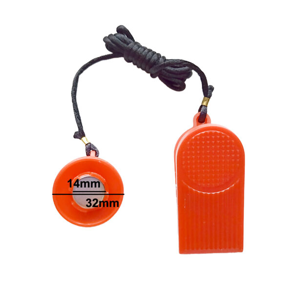 A red rectangular whistle-like Treadmill Safety Key 5085 with a textured surface hangs from a black cord. Beside it is a red circular mouthpiece marked with 14mm and 32mm measurements.