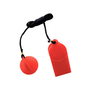 Red plastic Treadmill Safety Key 5085 with a circular detail, attached to a black cord, isolated on a white background.