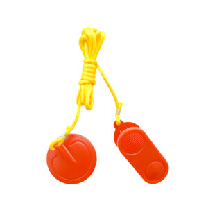An orange, round Treadmill Safety Key 5088 with a yellow cord, designed for rhythmic clapping.