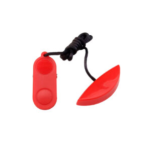 Product Name: Treadmill Safety Key 5088 - A compact red noise-making device featuring a round button, a black cord, and a red, curved plastic piece.