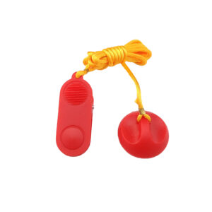 A small red Treadmill Safety Key 6874 with a round button and a yellow cord, featuring a rounded design with a red ball at the end of the cord.