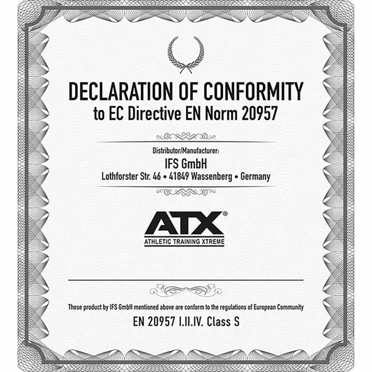 A certificate labeled Declaration of Conformity for the EC Directive EN Norm 20957, issued to IFS GmbH in Germany. It features the ATX logo and mentions compliance with European Community regulations, specified as EN 20957 I.II.IV. Class S.