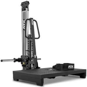 ATX belt squat machine on a black platform with handles and a belt attachment. Features a robust steel frame and is designed for lower body resistance training.