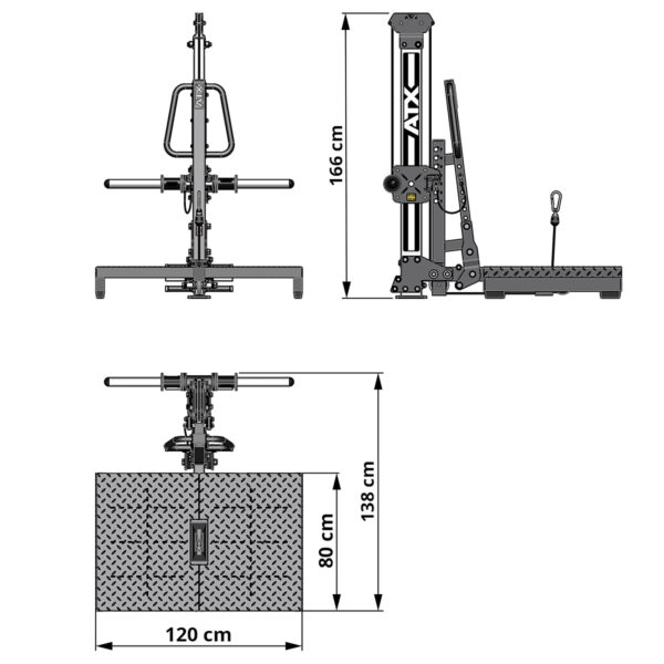 Technical illustration of a gym machine with dimensions. Front view shows handles and weight holder, height is 166 cm. Side view includes a pulley system. Top view displays a diamond plate base, width 120 cm, depth 80 cm, and handle span 138 cm.