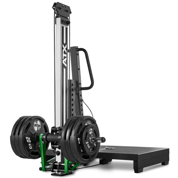 A weightlifting machine featuring a stack of black weight plates labeled 20 kg each. The machine has a vertical metal frame with handles and a foot platform. Its design is sleek with added green accents for support.