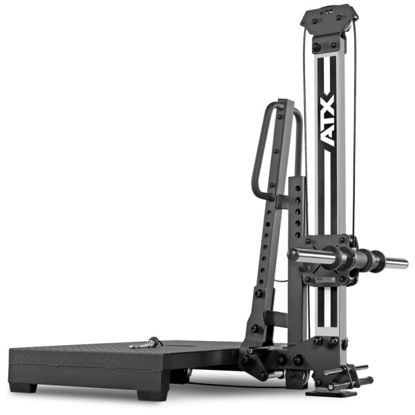 A black and silver fitness machine, featuring a large platform and an adjustable mechanism with handles and weights, designed for strength training exercises. The machine is labeled ATX.