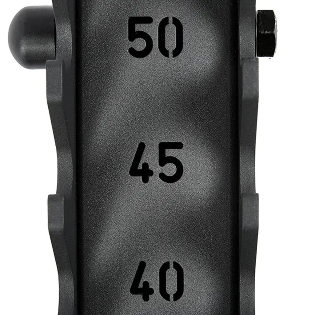 Close-up of a black metal component on the ATX® Commercial FID Bench ATX-MBX-660, featuring numbers 40, 45, and 50 etched vertically for measurement or adjustment. The textured surface is framed by curved edges.