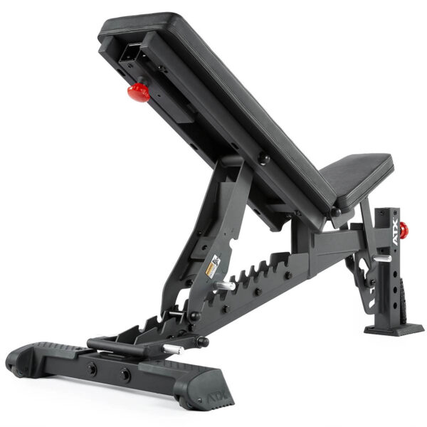 The ATX® Commercial FID Bench ATX-MBX-660 is a black flat incline bench with padded seating, a sturdy metallic frame, visible adjustment notches, and a distinctive red adjustment knob for versatile workouts.