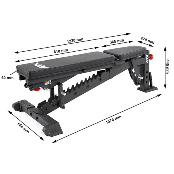The ATX® Commercial FID Bench ATX-MBX-660 has an adjustable backrest and seat, black padding, a sturdy frame, and a support bar with multiple angle settings. It measures 1376 mm in length and 445 mm in height.