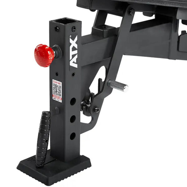 Close-up of the ATX® Commercial FID Bench ATX-MBX-660, featuring a red adjustment knob, black handle, and multiple height setting holes on an incline bench support. The ATX logo stands out on the support column.