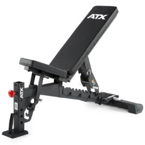 The ATX® Commercial FID Bench ATX-MBX-660 features a sleek black padded seat and backrest, ideal for versatile workouts. It easily shifts from flat to incline on a sturdy metal frame, offering various adjustment options for different workout angles.