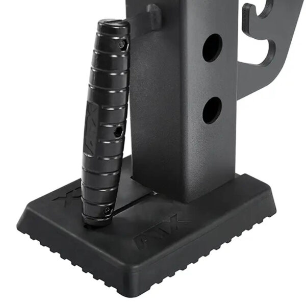 Close-up of the black ATX® Commercial FID Bench ATX-MBX-660, featuring an adjustable metal stand with a textured grip handle, multiple adjustment holes, and a stable ridged base.