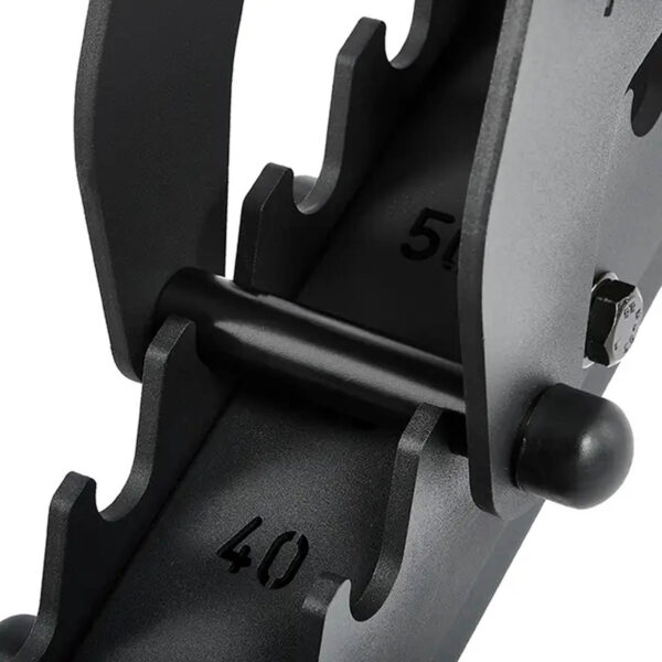 A close-up of the adjustable dumbbell weight selector at 40 and 50 is shown with notched plates and a securing pin. Alongside, the ATX® Commercial FID Bench ATX-MBX-660 enhances workout versatility, emphasizing tailored exercises through the weight adjustment feature.