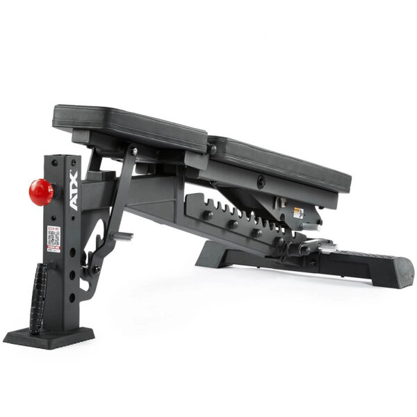 The ATX® Commercial FID Bench ATX-MBX-660 features a sleek black design with a padded seat and backrest, angle adjustment slots, and a sturdy frame, making it ideal for various strength training exercises.