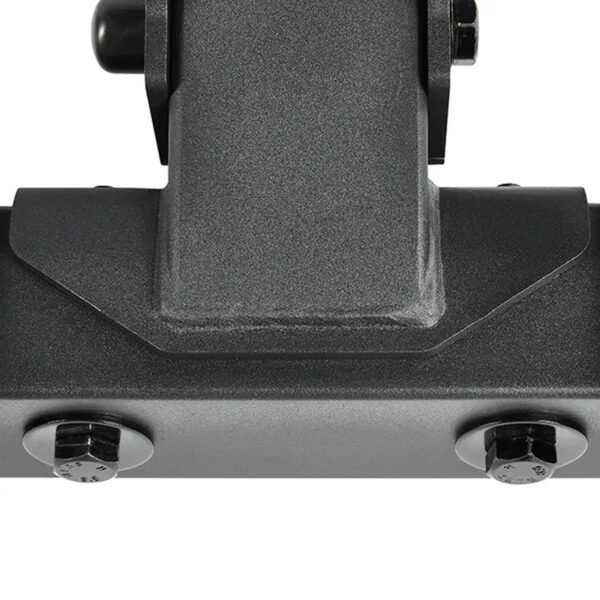 Close-up of a black metal bracket with a hinge and two round screws, showcasing the matte finish of the ATX® Warrior Bench 2.0, suggesting its sturdiness for fitness equipment use.