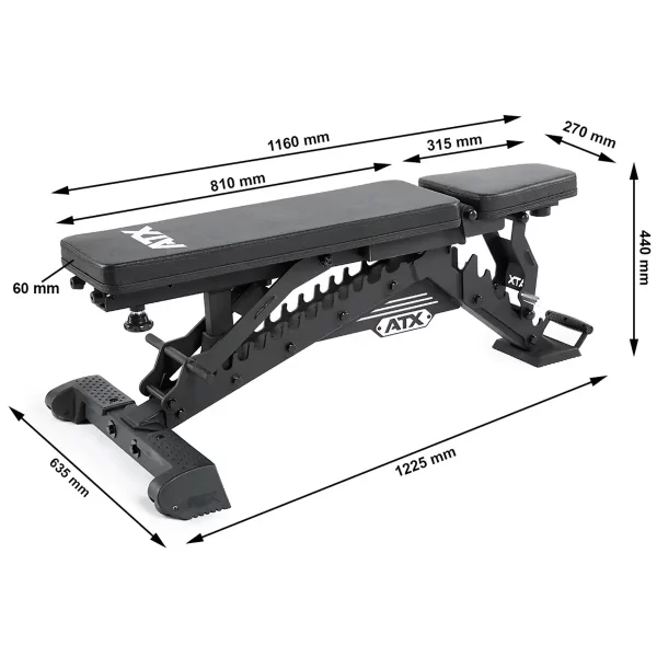 The ATX® Warrior Bench 2.0 features a sturdy metal frame with a black padded surface, adjustable backrest, and wheels for mobility. ATX is displayed on the side, and dimensions are listed in millimeters.