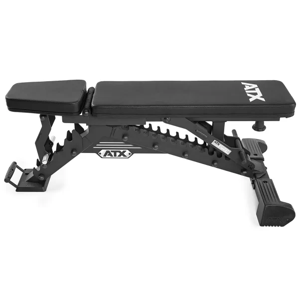 The ATX® Warrior Bench 2.0 is a black adjustable weight bench with a padded seat and backrest, a sturdy metal frame, multiple incline adjustment notches, and the ATX logo on both the backrest and frame.