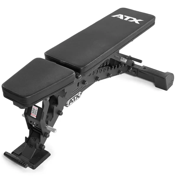 The ATX® Warrior Bench 2.0 features a black cushioned seat and backrest, multiple inclination settings, a sturdy metal frame, and foot support.