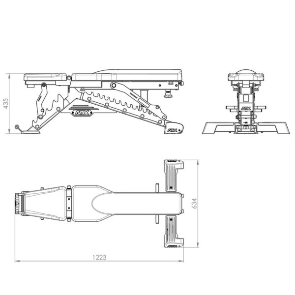 Technical drawing of a hydraulic car lift with side, top, and front views. Dimensions are indicated: width 435, length 1223, and height 634. Includes structural details like arms and base platform, similar to an adjustable bench weight in its sturdy design.