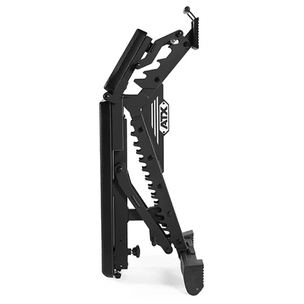 The ATX® Warrior Bench - Slim PU is an adjustable black gym bench featuring a metal frame and padded surfaces. It includes customizable holes and notches, with the ATX logo prominently displayed on the side.