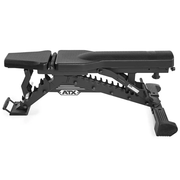 The ATX® Warrior Bench - Slim PU is a black adjustable weight bench with a high-density padded seat and backrest. It features multiple incline positions, sturdy metal construction, and a visible logo on the side, suitable for home or gym use.