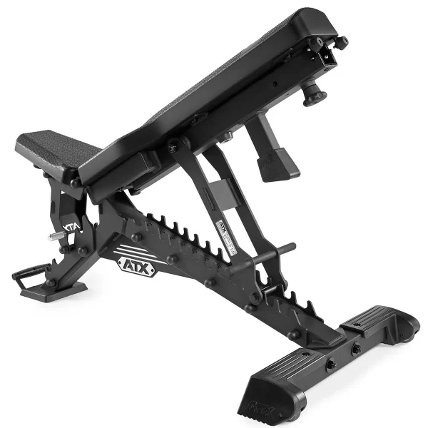The ATX® Warrior Bench - Slim PU offers a semi-inclined adjustable position with a sturdy black metal frame and padded seat/backrest, featuring the ATX logo on the side. Its perfect for various strength training exercises.