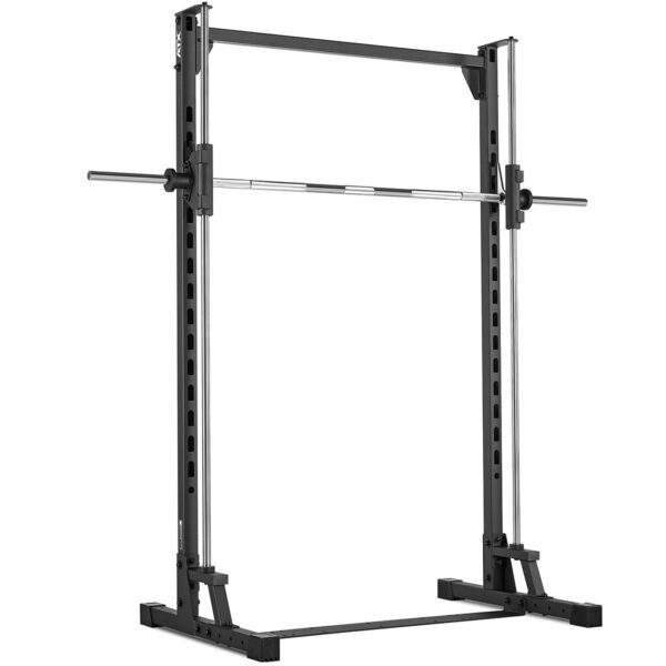 The ATX® Smith Machine 500 - Low Ceilings - 198 cm, a black metal workout rack with a horizontal barbell on a sturdy frame, features adjustable pegs for versatile weightlifting. Its displayed on a white background.