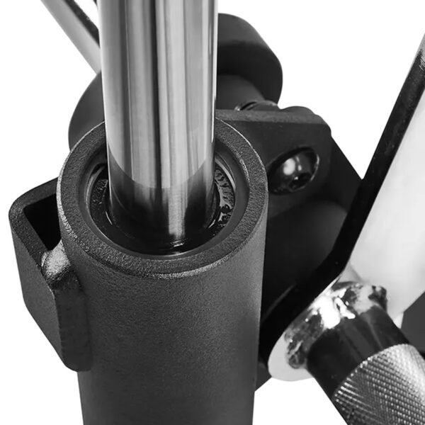 Close-up view of the ATX® Smith Machine 500 - Low Ceilings (198 cm) featuring a black metal frame and shiny silver support bar. The image focuses on the joint and textured tightening knob, highlighting the machine’s construction and materials.