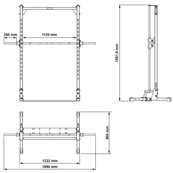 Line drawings of the ATX® Smith Machine 500 for low ceilings show front, side, and top views. Dimensions: width 1120 mm, height 1981.6 mm, depth 860 mm; outer support distance 1232 mm; total width with extensions 1890 mm.