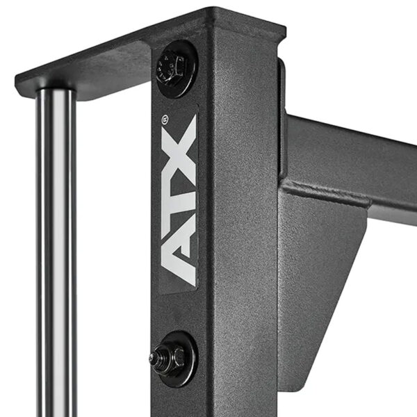 Close-up of the ATX® Smith Machine 500, designed for low ceilings at 198 cm. Showcases a sturdy grey metal frame and bolts with a vertical support bar, ideal for strength training and workout support.