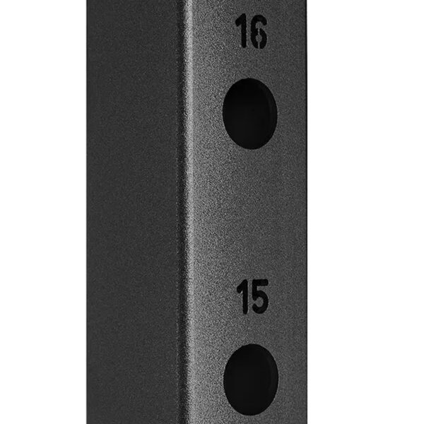 Close-up of a smooth, matte black metal structure, part of the ATX® Smith Machine 500 - Low Ceilings - 198 cm, featuring two vertically aligned round holes with 15 and 16 engraved beside them.