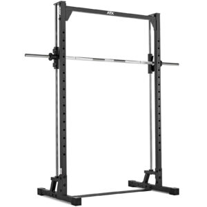 A black ATX® Smith Machine 500 suited for low ceilings at 198 cm, featuring a barbell and multiple adjustment holes for varied workouts, stands sturdy against a white backdrop.