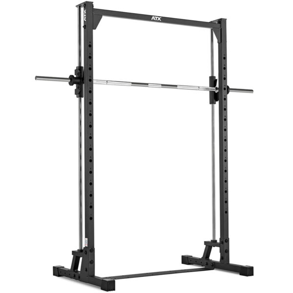A black ATX® Smith Machine 500 suited for low ceilings at 198 cm, featuring a barbell and multiple adjustment holes for varied workouts, stands sturdy against a white backdrop.