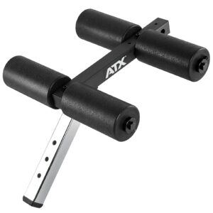 The ATX® AB Attachment is a black adjustable foam roller for a workout bench, featuring four cylindrical foam pads on a metal frame to support exercises.